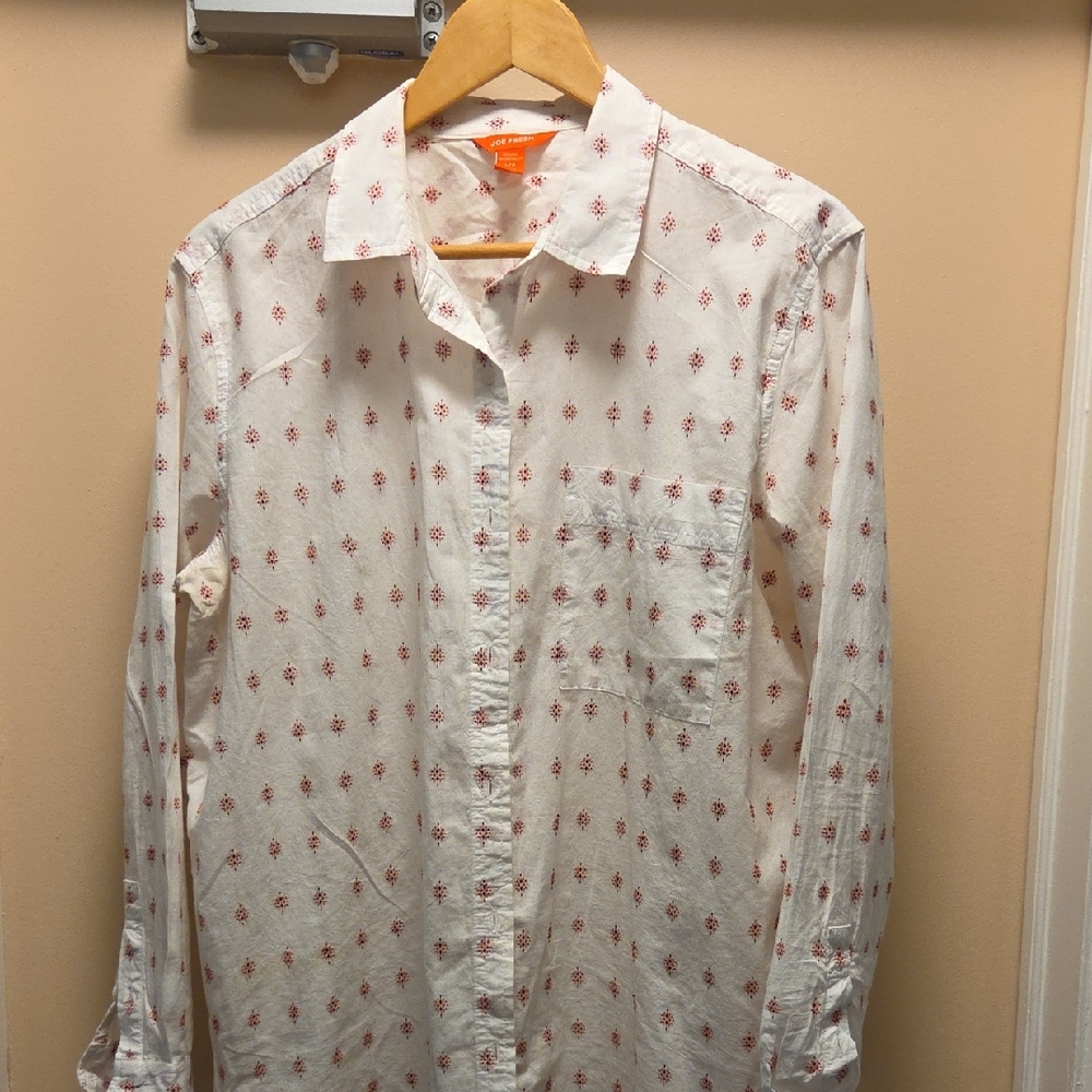 Joe Fresh White and Red/Embroidered Casual Button Down Shirt, Large